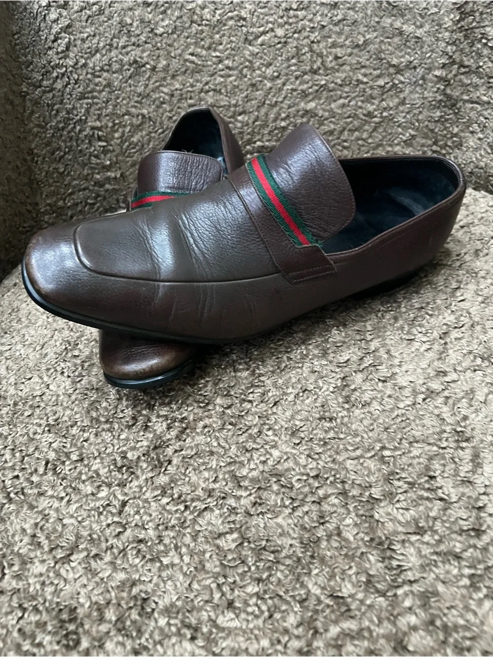 Men's Brown Leather Loafers with Red & Green Accent Gucci Sz 7.5 d